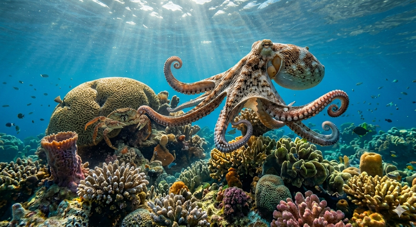 High-Resolution Coral Reef Octopus Underwater Wildlife Digital Photography (8K)